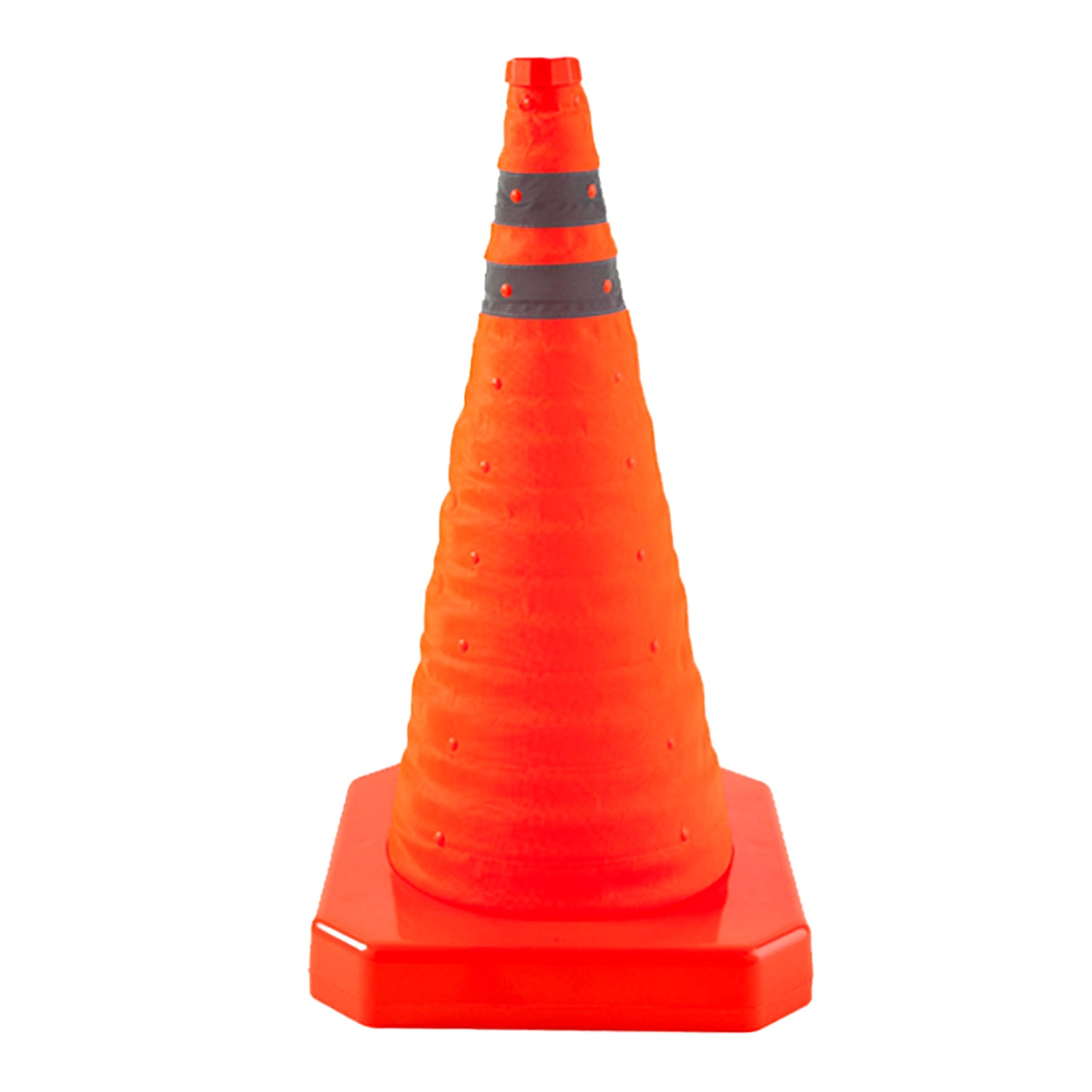 Cono retráctil 90 cm desplegable con cintas reflectivas Grado Ingeniería, estructura plegable en PVC + tela con base 30 x 30 cm
