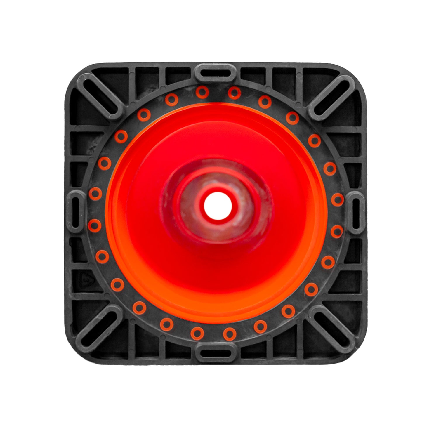 Vista inferior de la base del cono antiviento 28” mostrando estructura y apoyo al pavimento