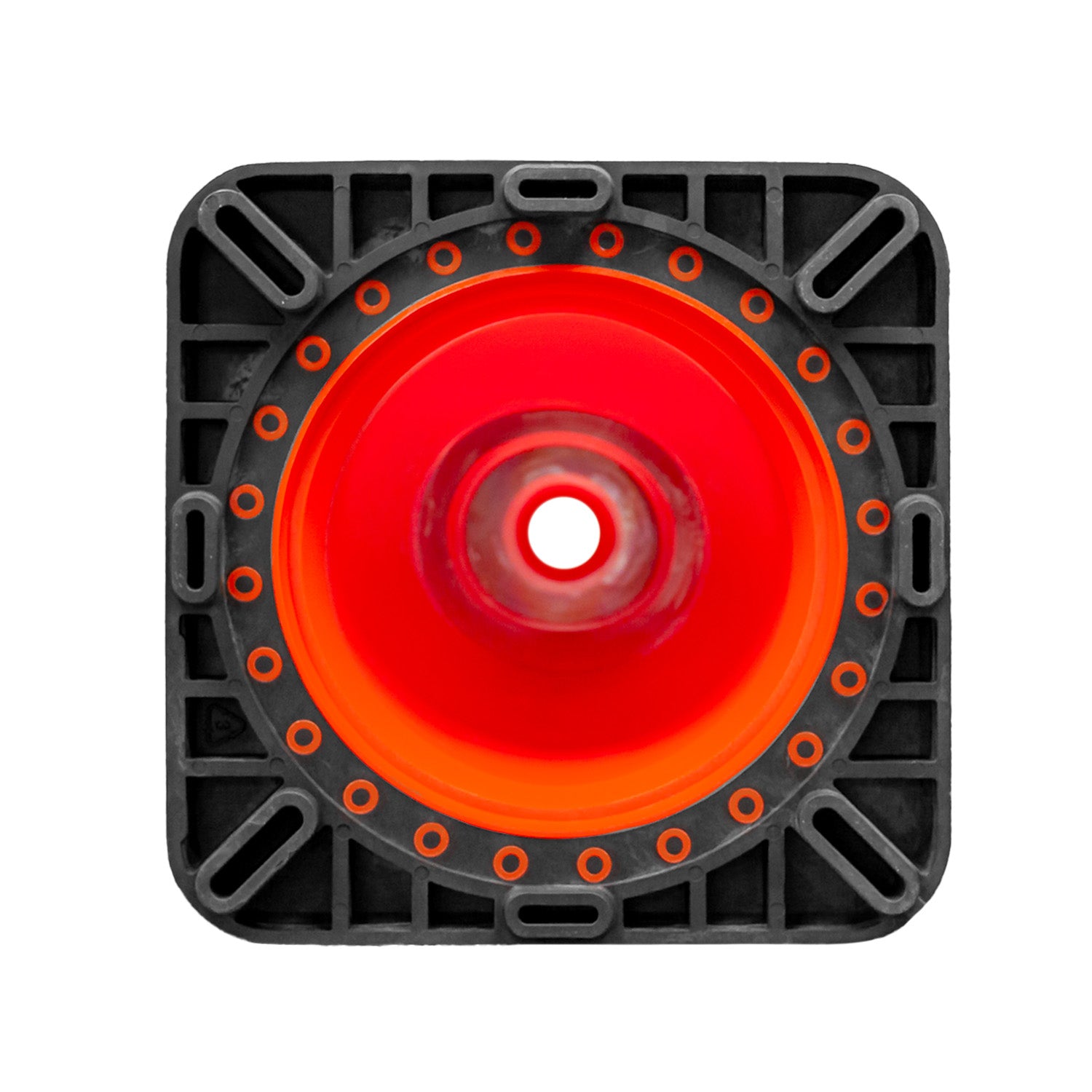 Vista inferior de la base del cono antiviento 28” mostrando estructura y apoyo al pavimento