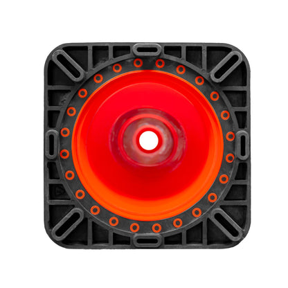 Vista inferior de la base del cono antiviento 28” mostrando estructura y apoyo al pavimento