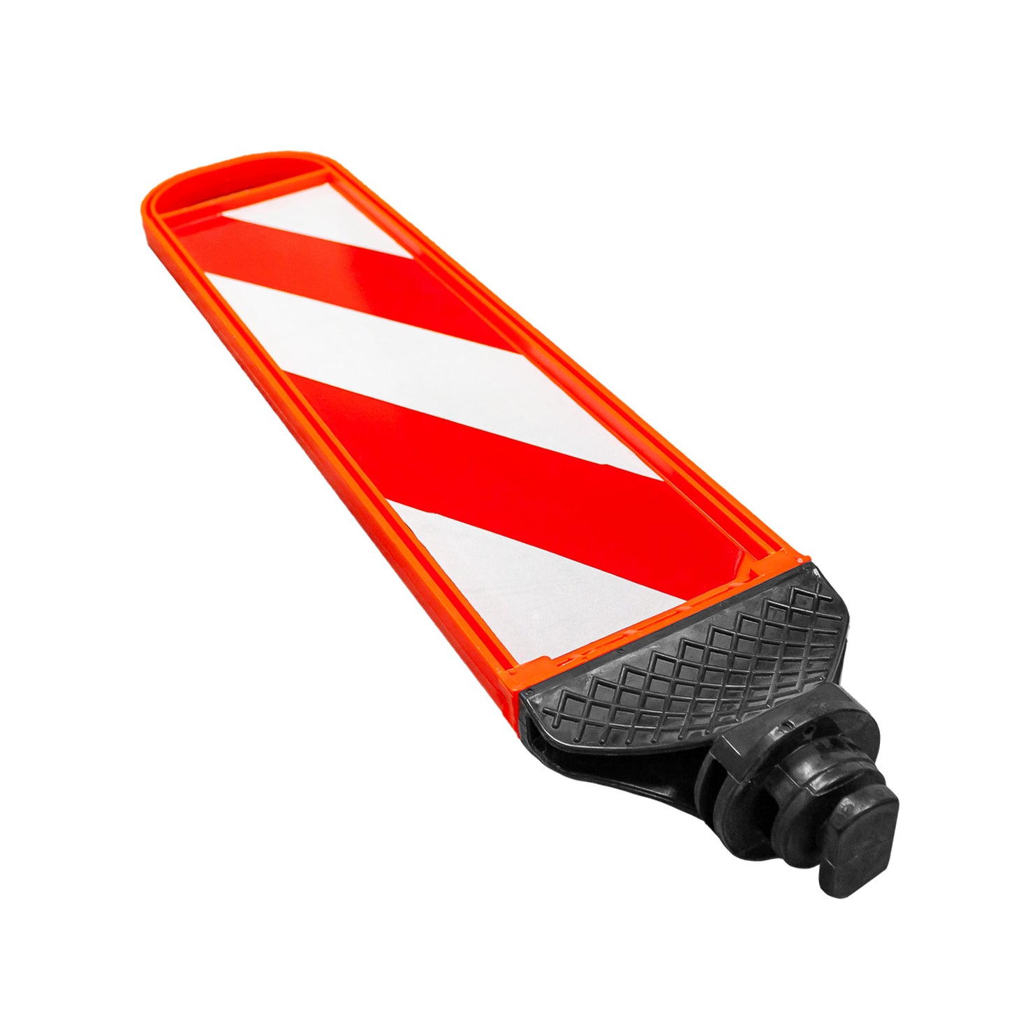 Hito spring back naranjo y blanco, detalle de flexibilidad y base de anclaje