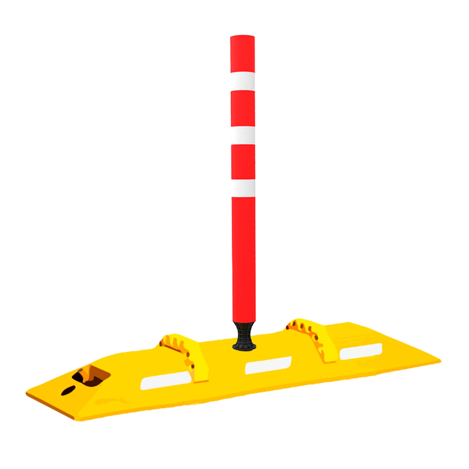 Hito naranjo de 90 cm instalado sobre canalizador oruga amarillo, señalización vertical para ciclovías y segregación vial.