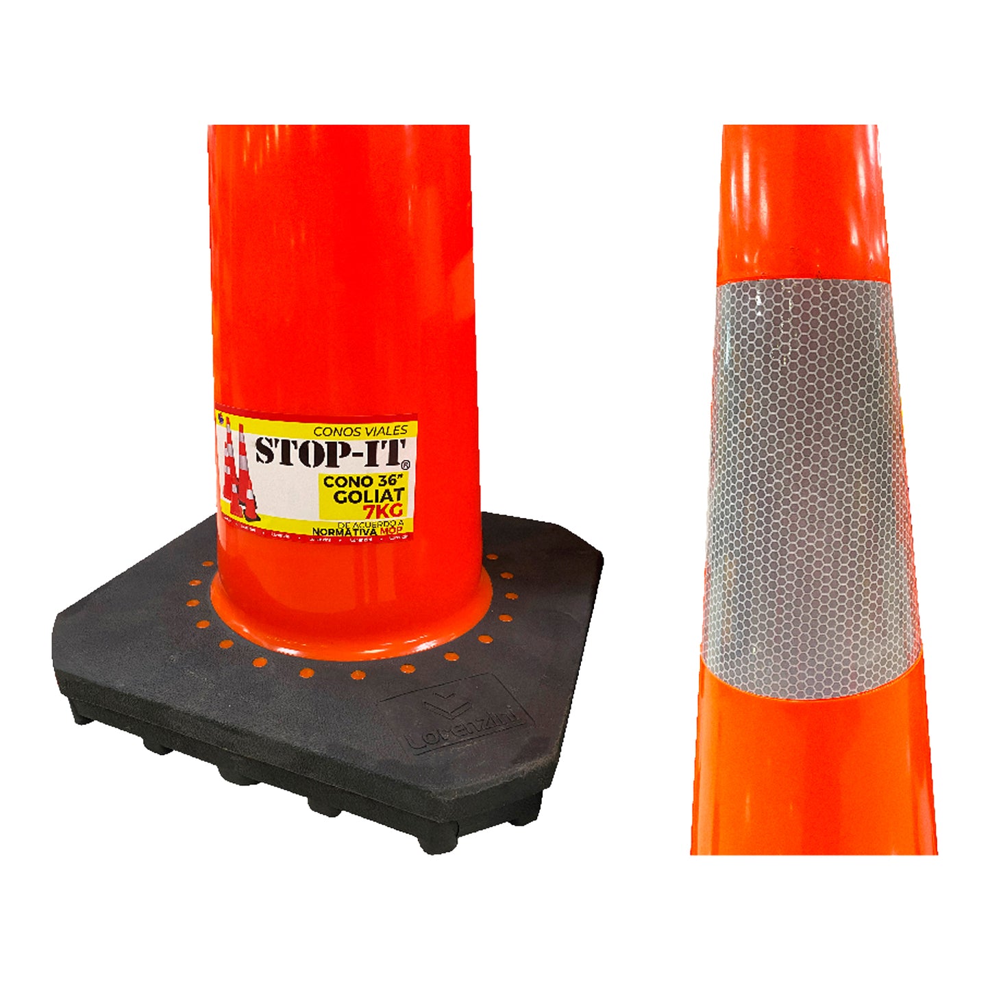 Detalle de cintas reflectantes de alta intensidad en cono de señalización 36 pulgadas