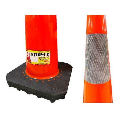 Detalle de cintas reflectantes de alta intensidad en cono de señalización 36 pulgadas