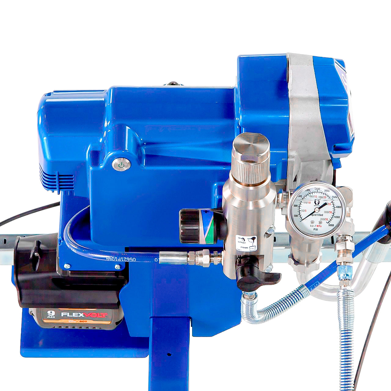 LineLazer ES 500 Graco trazador de líneas a batería para demarcación vial y estacionamientos en Chile - Con detalle de motor y válvulas de presión
