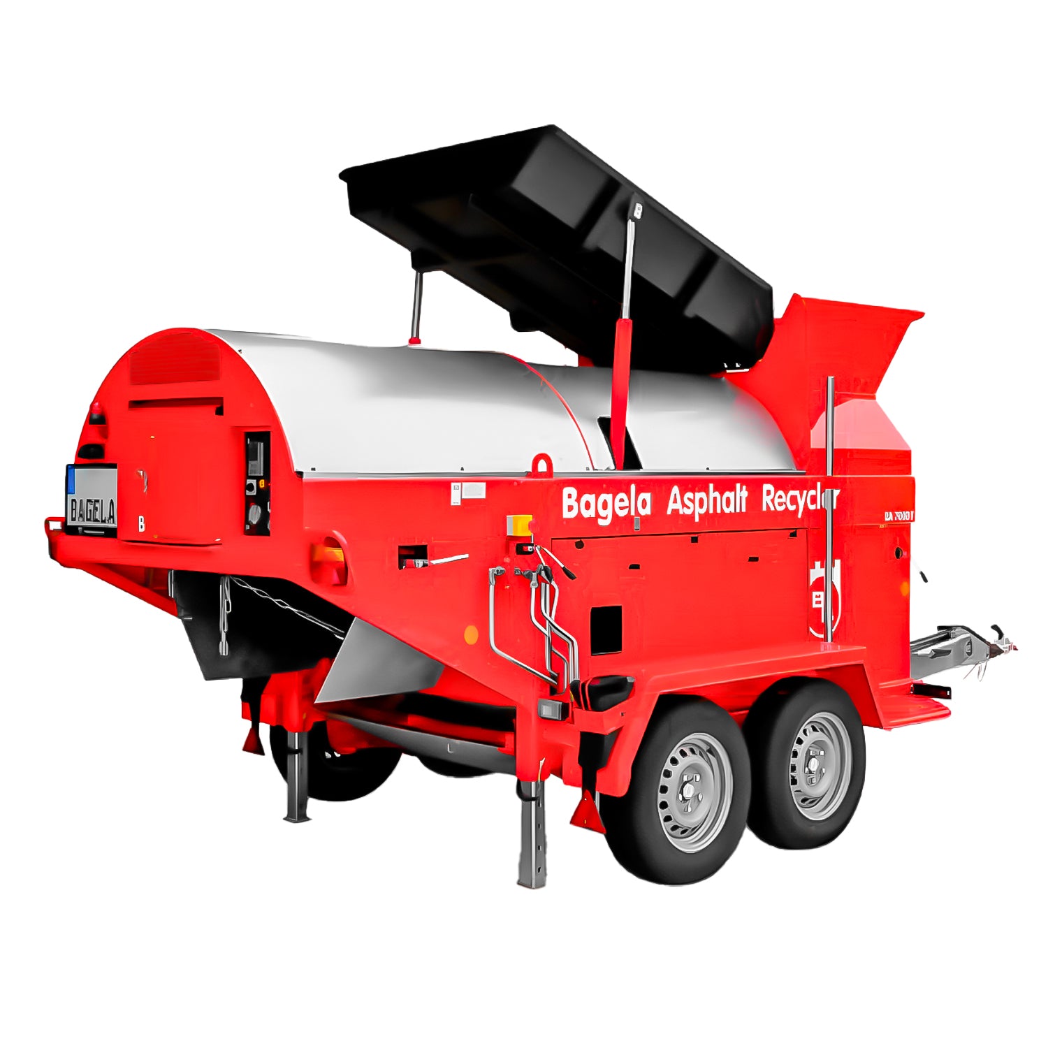 Recicladora de asfalto Bagela BA 7000 vista frontal con tolva elevada y chasis compacto sobre remolque