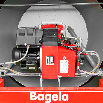 Detalle del sistema de calefacción diésel y componentes internos de la recicladora de asfalto Bagela BA 7000