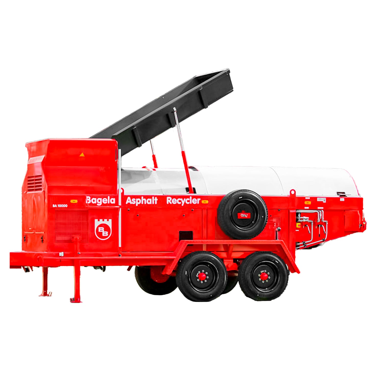 Recicladora de asfalto Bagela BA 10000 en vista lateral mostrando sistema de carga y descarga