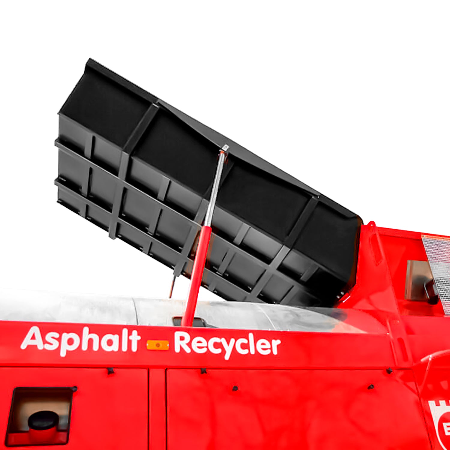 Detalle de tolva de carga hidráulica en recicladora de asfalto Bagela BA 10000