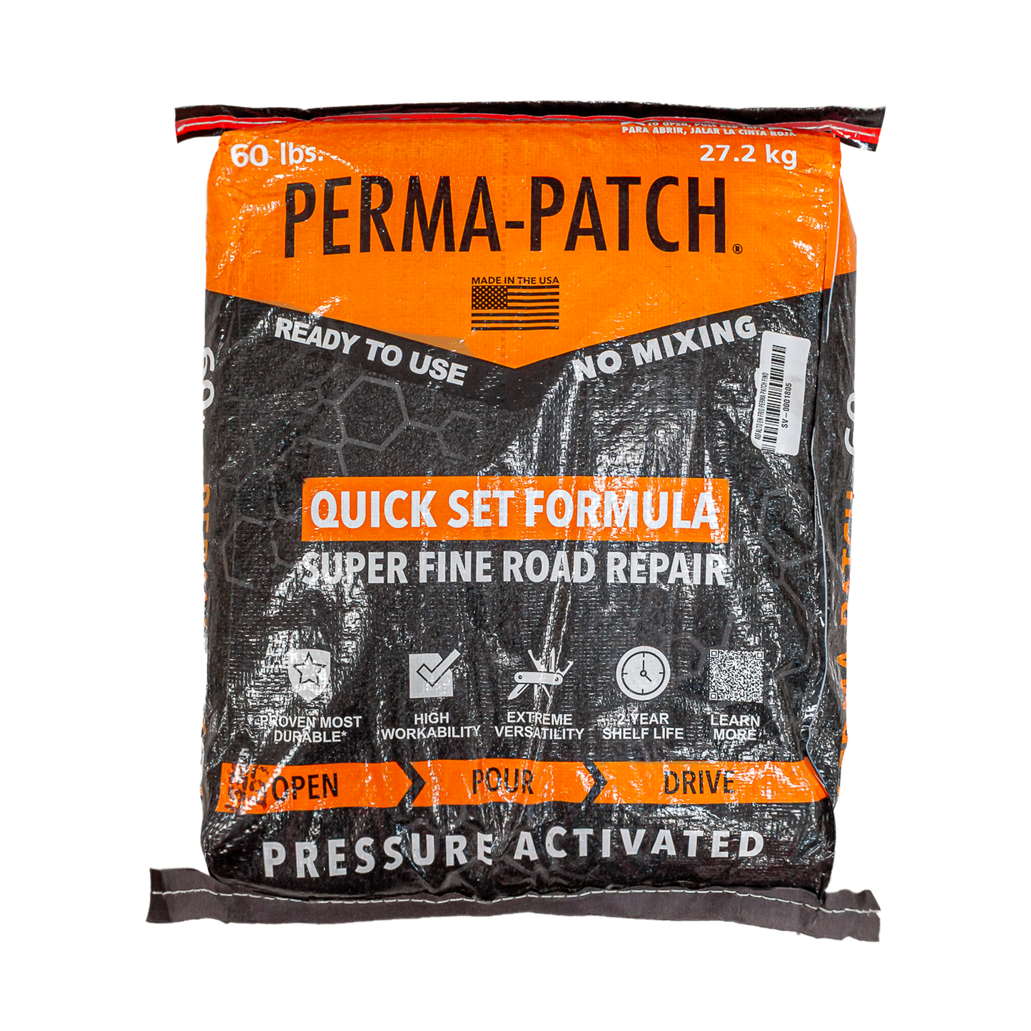 Perma-Patch Quick Set Mix 60 lb – Mezcla asfáltica Grano Fino en frío de fraguado rápido para reparación de pavimentos