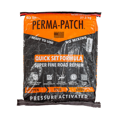 Perma-Patch Quick Set Mix 60 lb – Mezcla asfáltica Grano Fino en frío de fraguado rápido para reparación de pavimentos