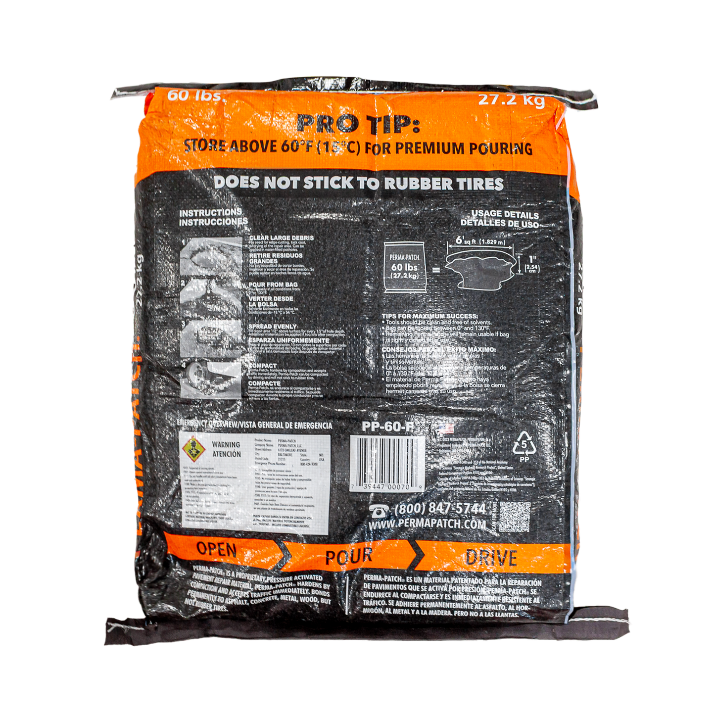 Perma-Patch Quick Set Mix 60 lb – Mezcla asfáltica Grano Fino en frío de fraguado rápido para reparación de pavimentos