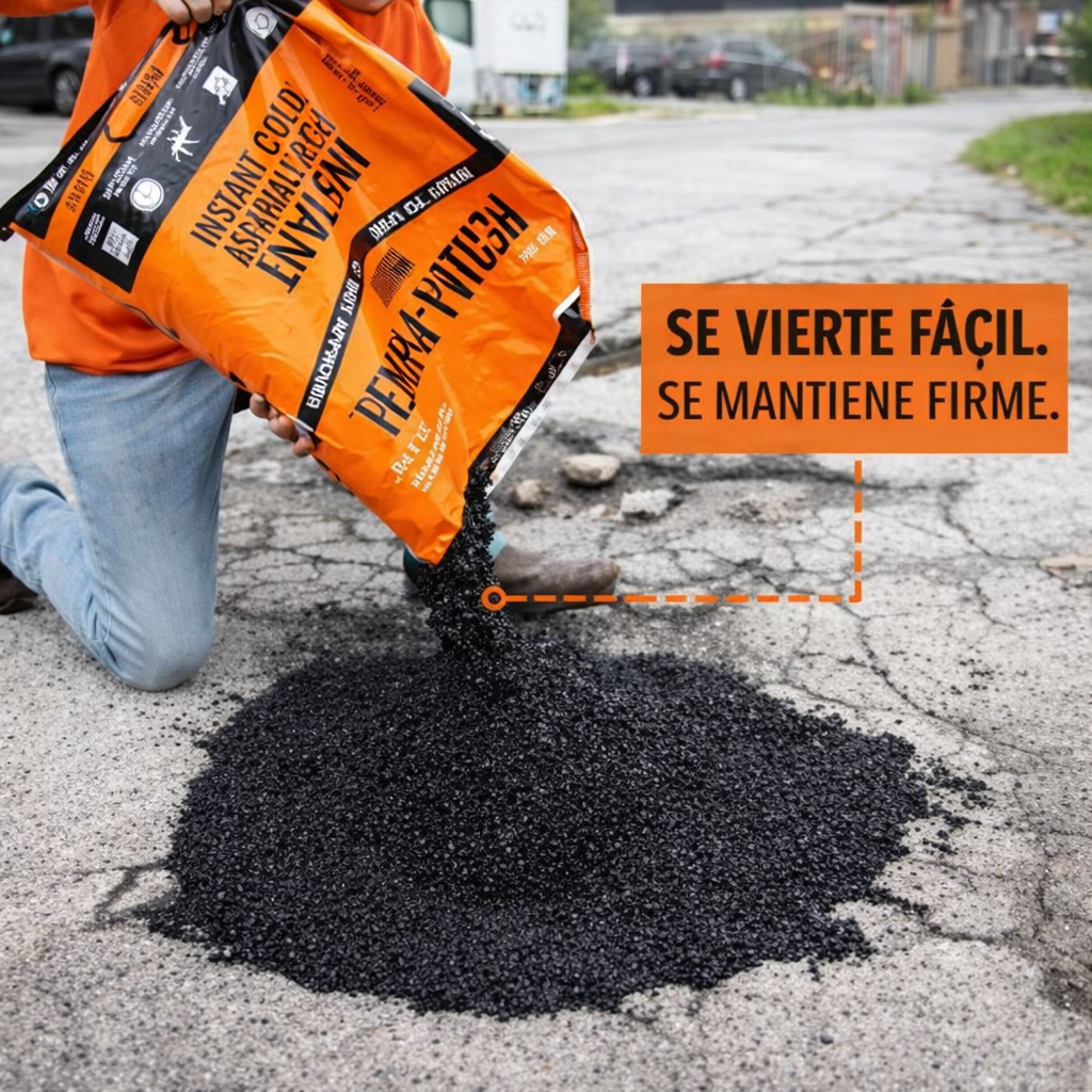 Aplicación de mezcla asfáltica en frío Perma-Patch Regular Mix vertido desde bolsa
