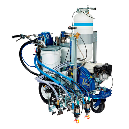 Frente en perspectiva de máquina LineLazer V 200MMA Graco Fusion 2P 1:1 para demarcación vial con sistema MMA bicomponente