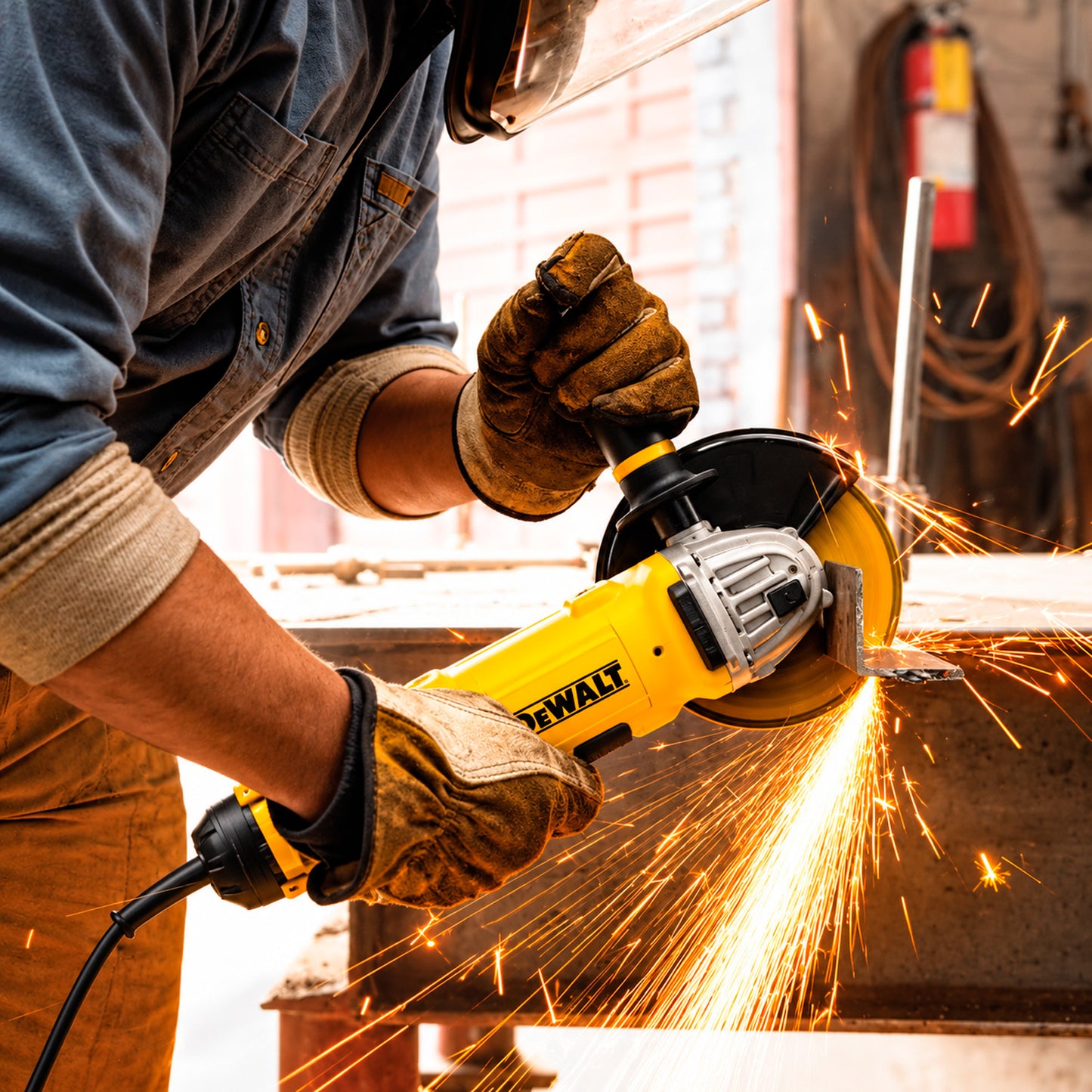 Esmeril angular DeWALT DWE4314-B2 en uso profesional