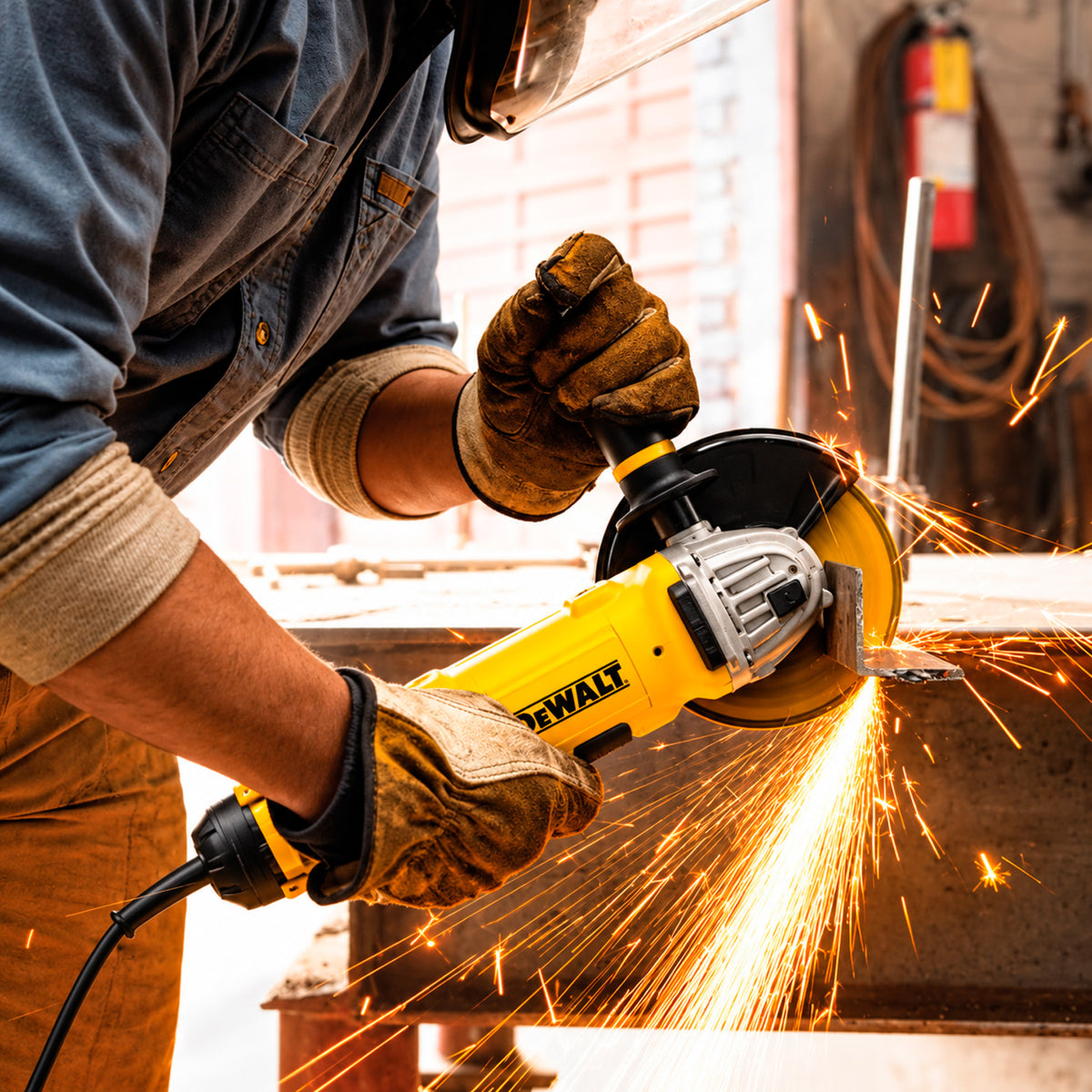 Esmeril angular DeWALT DWE4314-B2 en uso profesional