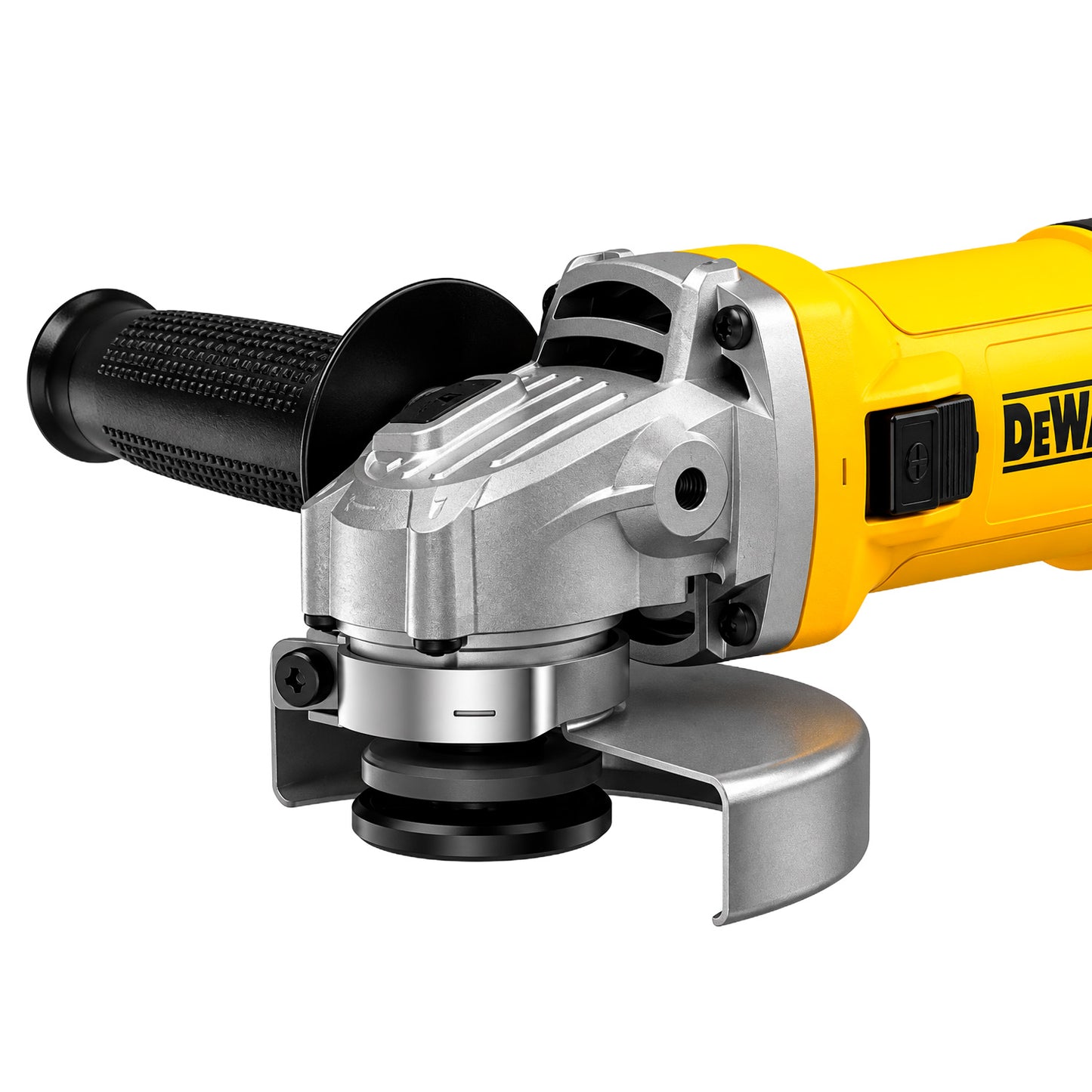 Detalle del cabezal y disco de 115 mm del esmeril angular DEWALT DWE750-B2