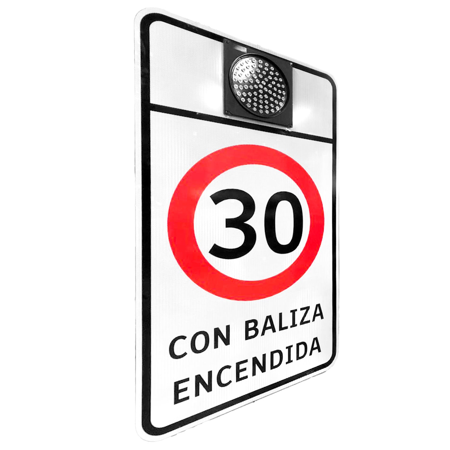 Señal vial escolar 30 km/h con baliza luminosa encendida vista en perspectiva lateral